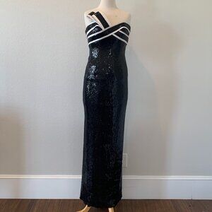 Sherri Hill Black White Sequin Long Formal Prom Strapless Dress w/ Train 4